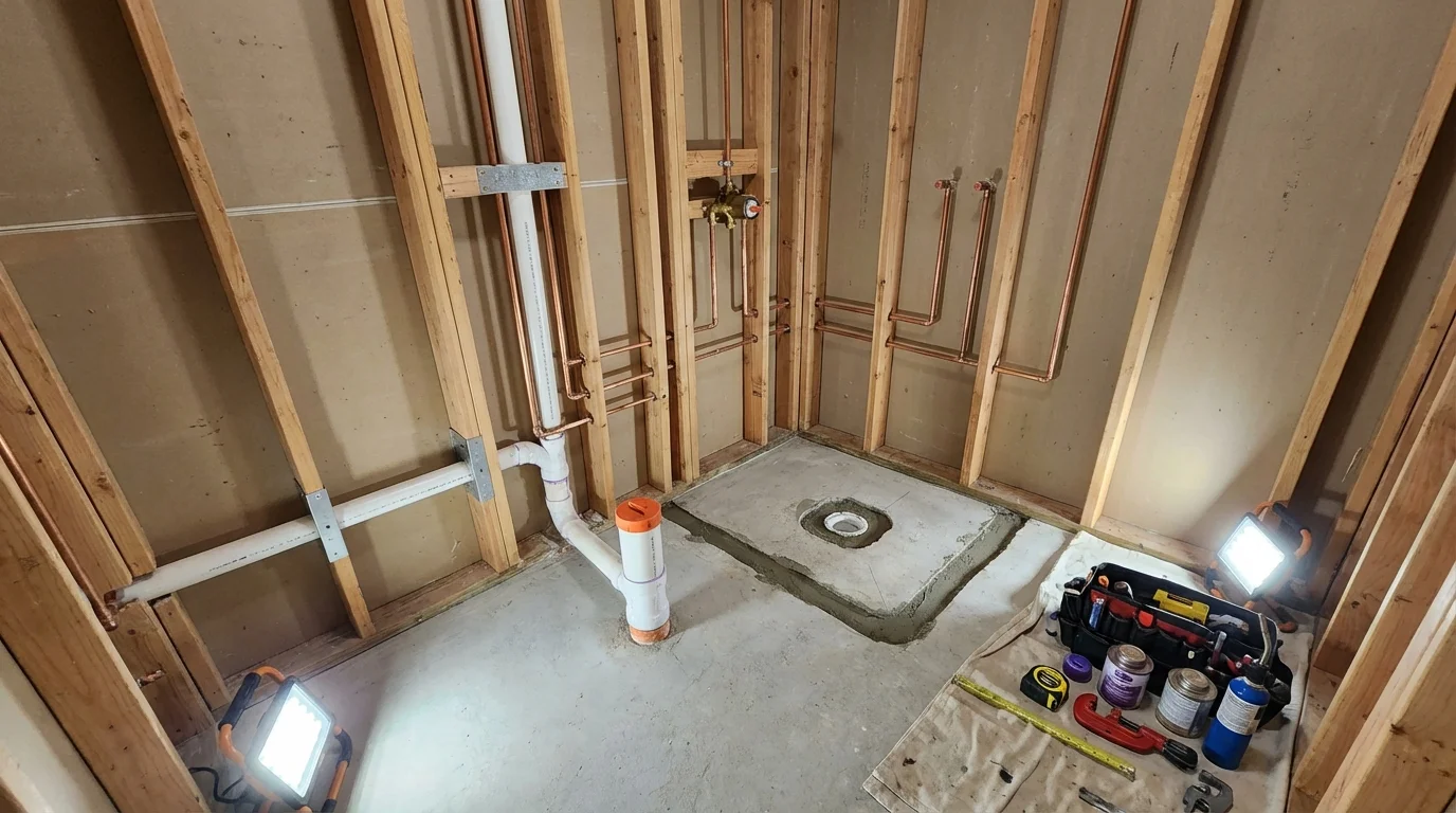 Bathroom rough-in plumbing during remodel by Johns Plumbing LLC in Richlandtown
