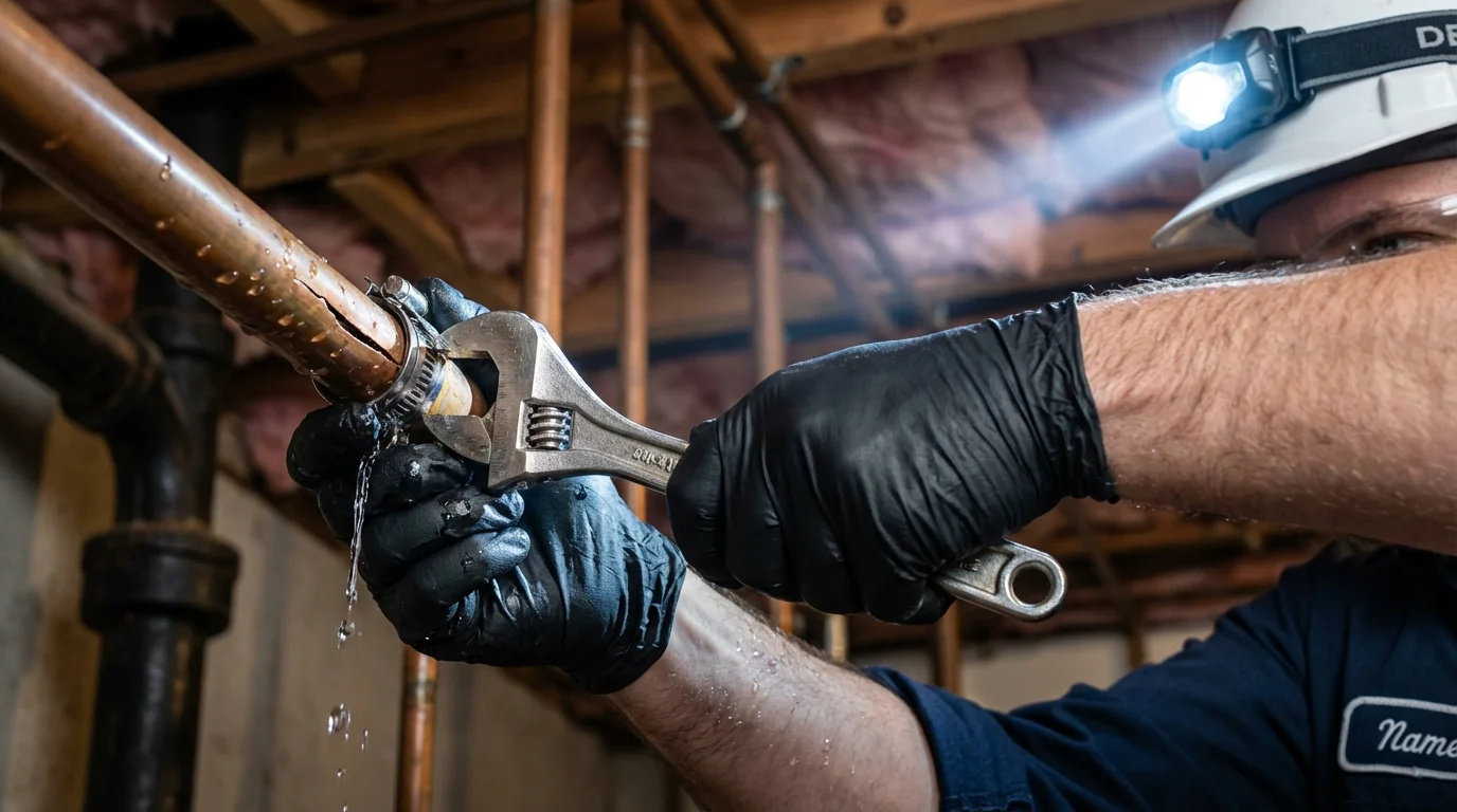 Emergency pipe clamp repair being performed by a Johns Plumbing LLC plumber in Richlandtown