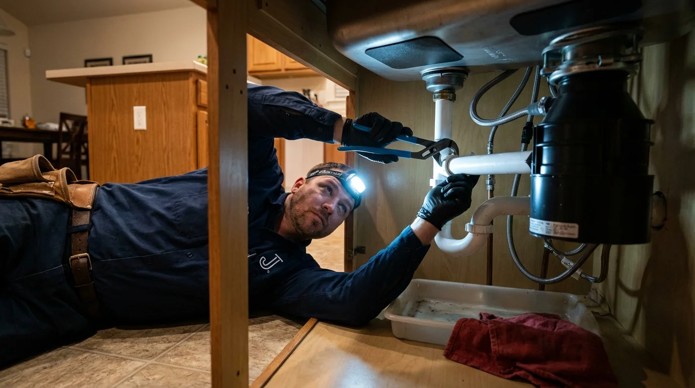 P-trap and supply line connections under a kitchen sink showing a common leak point in Richlandtown, PA